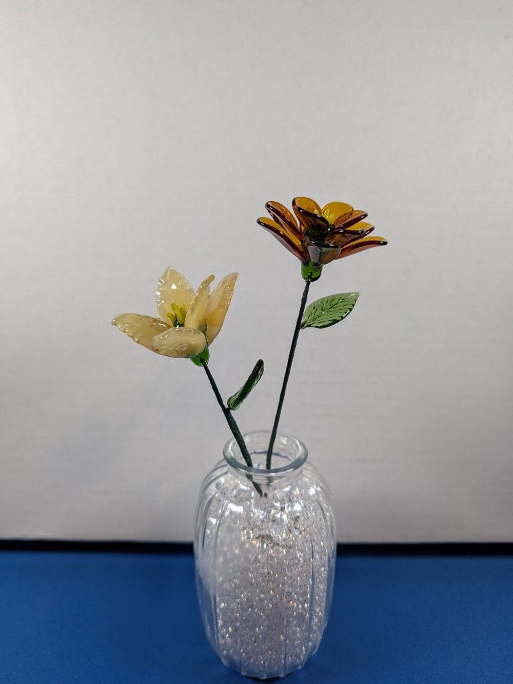 Crystal Glass Daffodil and Marigold Flowers & Vase